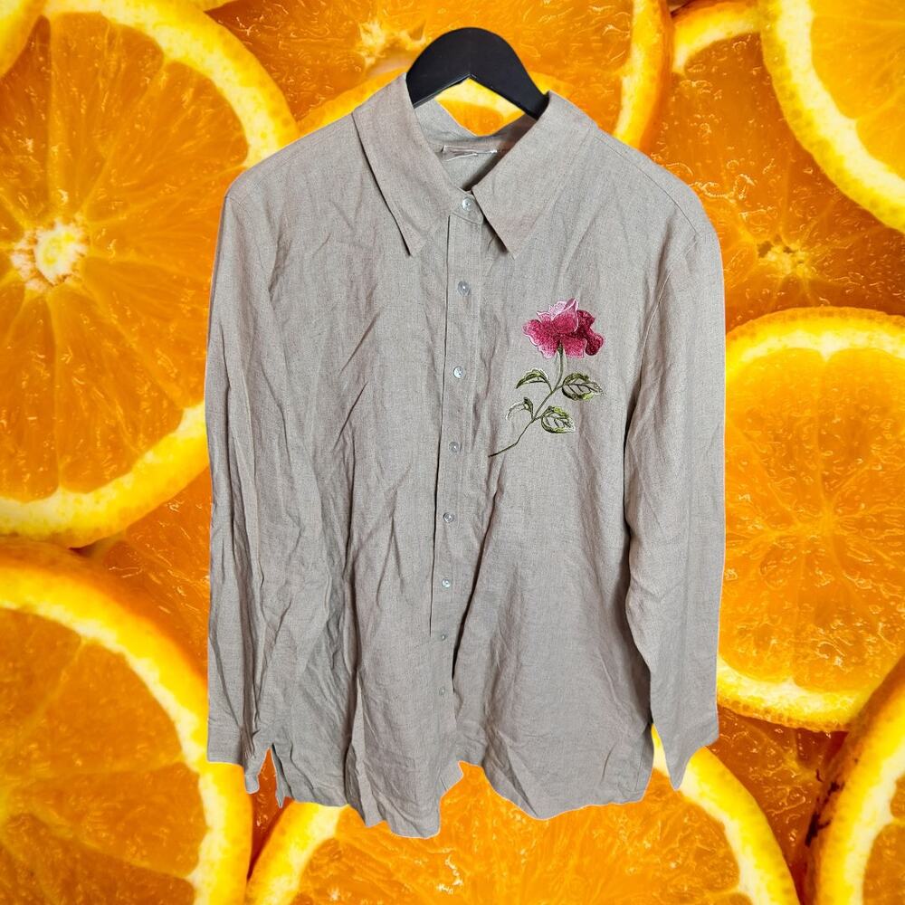 Coldwater Creek Women's Linen Blend Floral Embroidered Button Down Shirt Size XL